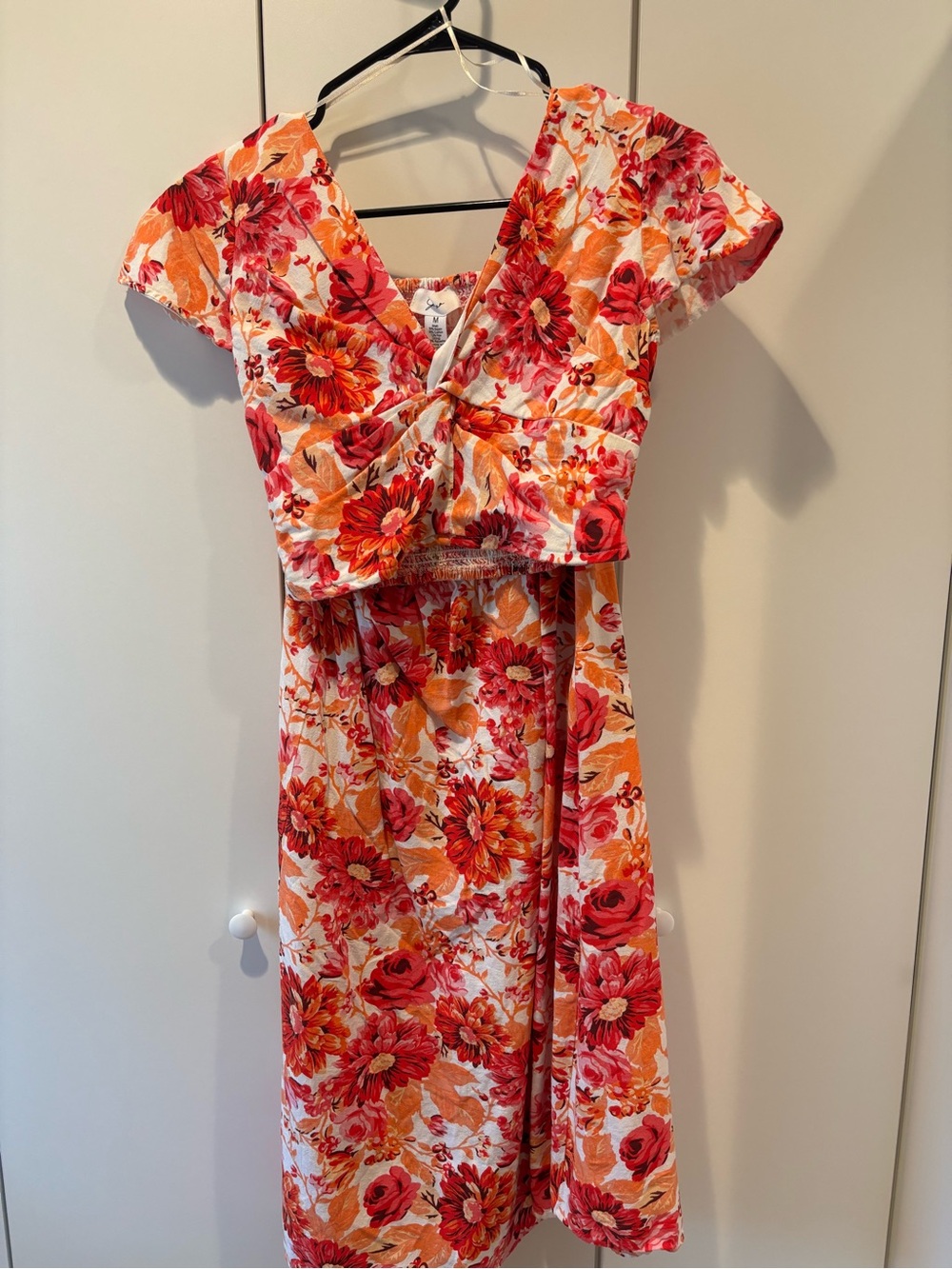 Floral Twist-Front Midi Dress in Red & Orange